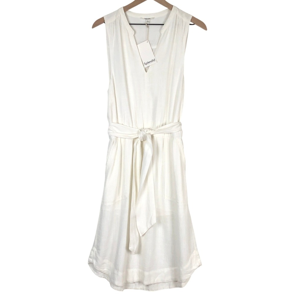 NWT SPLENDID Linen Blend Sleeveless Belted Midi Dress Sz N White RS2D010 $178